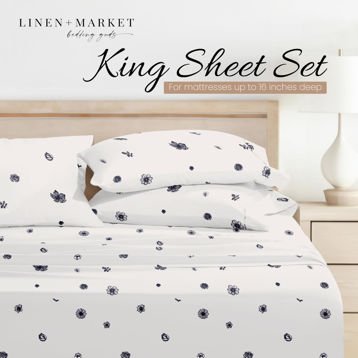 Linen Market Patterned Microfiber King Sheet Set 4 Piece – Oeko-TEX Certified Ultra Soft & Wrinkle-Free - 16" Deep Pocket Sheets - Easy Care King Size - Indigo Flowers Navy