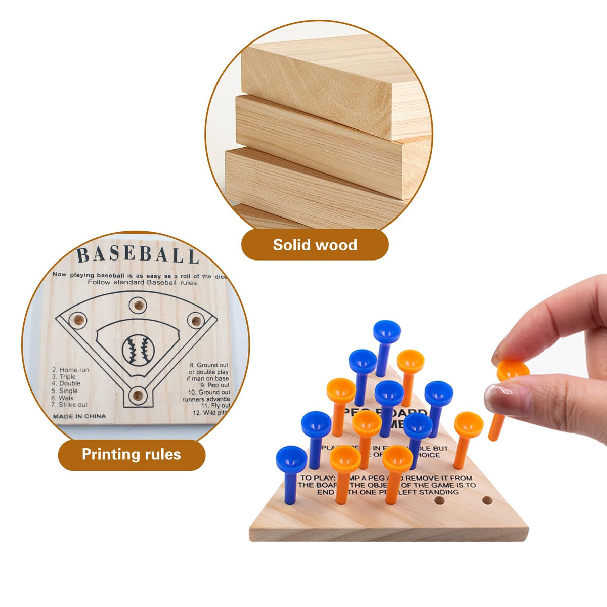 Wooden Peg Games Assortment Kit, 5 PCS Fun Brain Strategy Toy for Teens and Adults, Including Baseball, Tic-Tac-Toe, Insanity, Peg-Board-Game, Roundabout