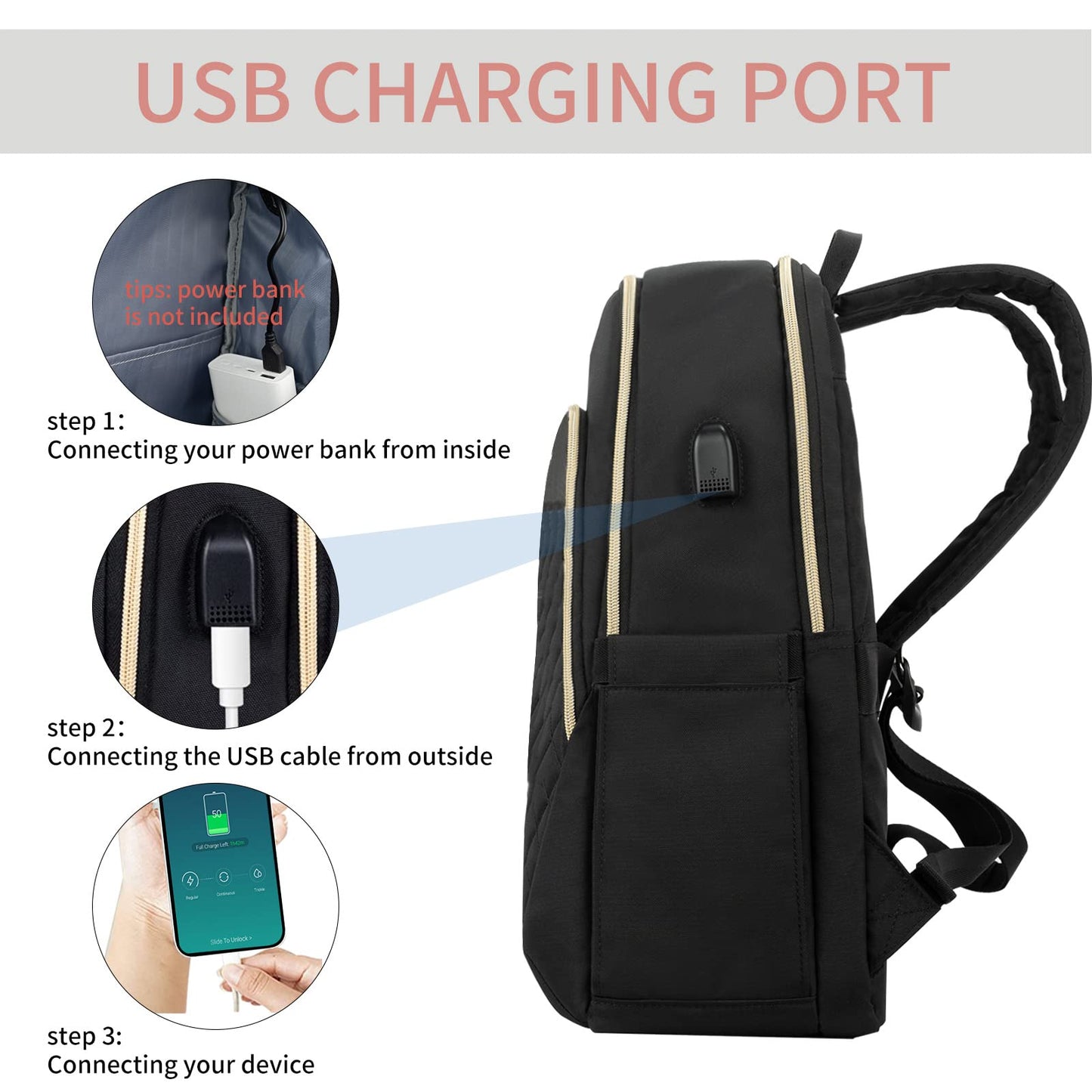 EMPSIGN Laptop Backpack for Women, 15.6 Inch Laptop Rucksack Casual Daypack Wide Open, College School Backpack with USB Charging Port, Water Repellent Travel Business Work Bag Computer Bookbag, Black