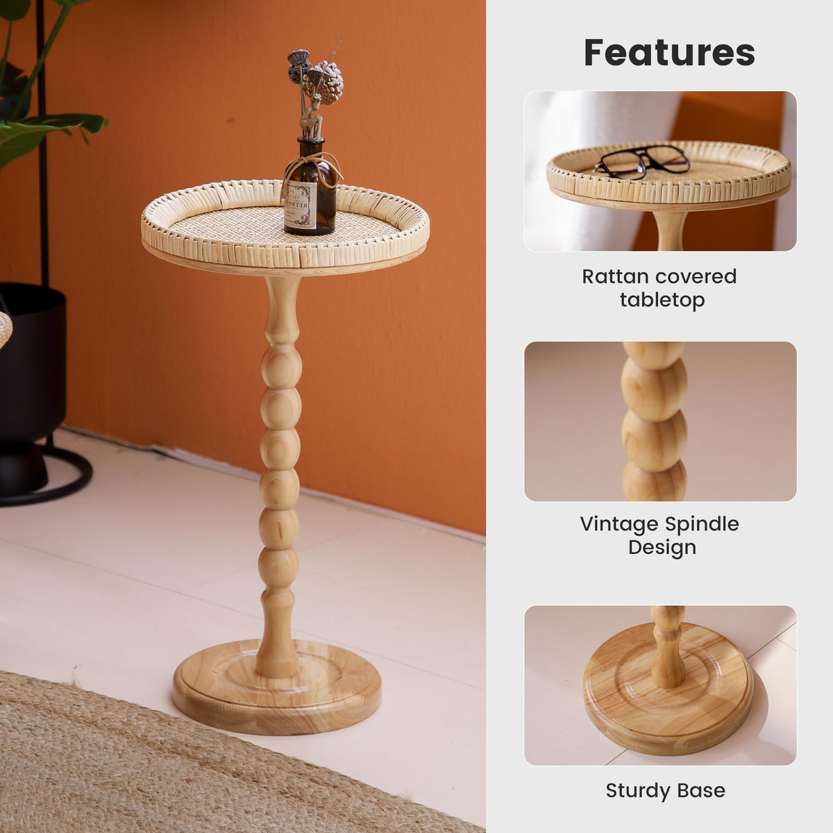 HuiDao Drink Table，Rattan Round Small Side Table for Small Spaces, Boho Circle End Table Coffee Table with Solid Wood Leg for Living Room, Pedestal Table for Bedroom, Corners
