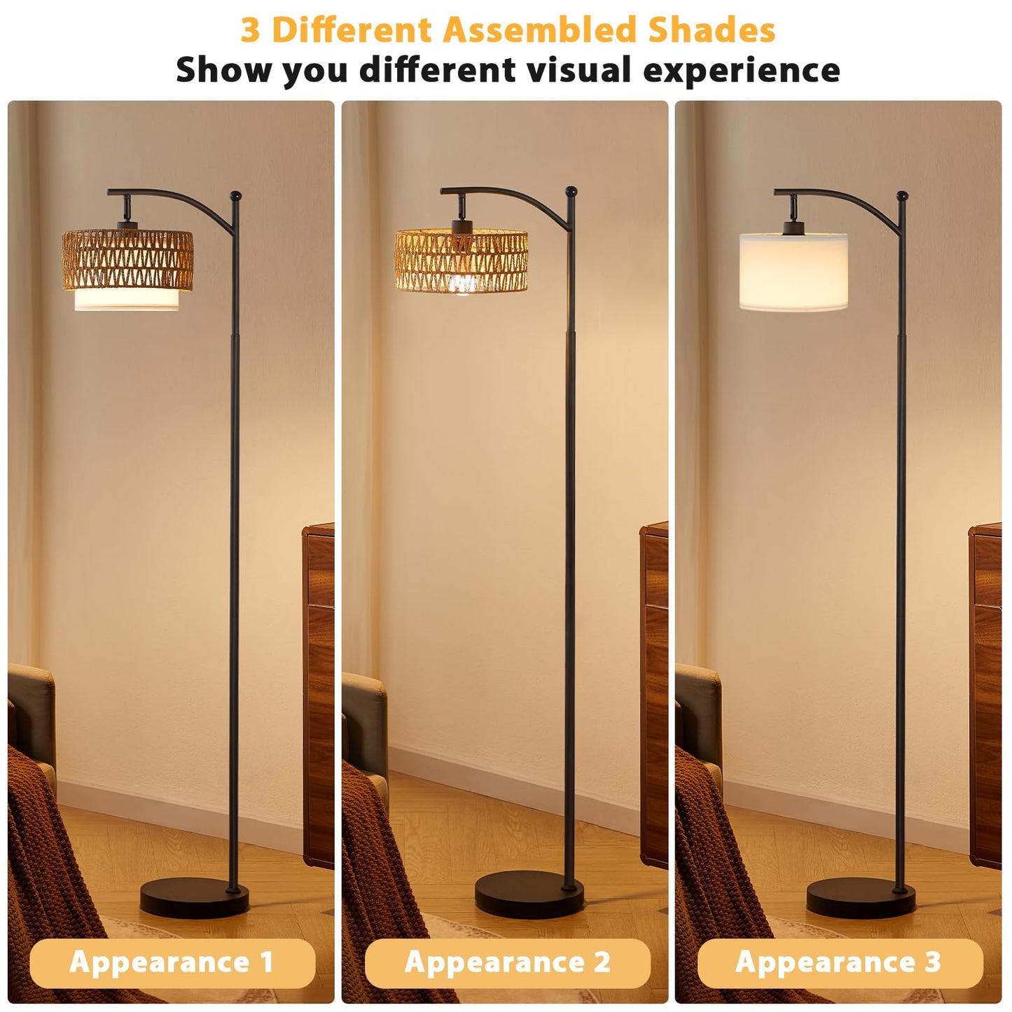 Ambimall Arc Floor Lamp for Living Room with Remote, Color Temperature & Brightness Adjustable, Boho Standing Lamp with Rattan & Fabric Double Drum Shades, Bulb Included(Black)