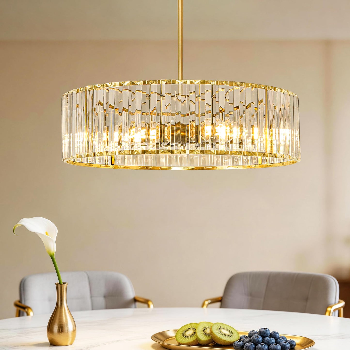 Gold Crystal Chandelier for Dining Room, 6-Light Modern Semi Flush Mount Ceiling Lighting Fixtures, Round Kitchen Fixtures Ceiling, Hanging Drum Pendant Lights for Living Room Bedroom Foyer, 19IN, E26