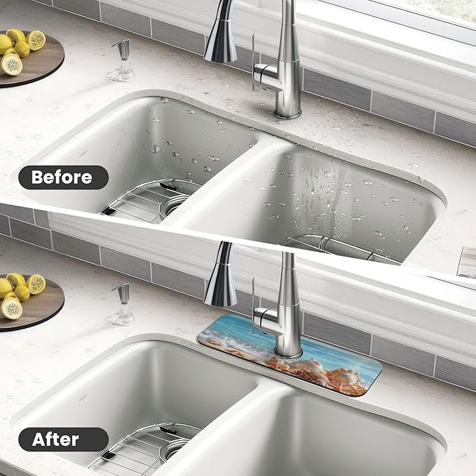 Faucet Draining Mat For Kitchen Sink, Beach Seashells Starfish Diatom Mud