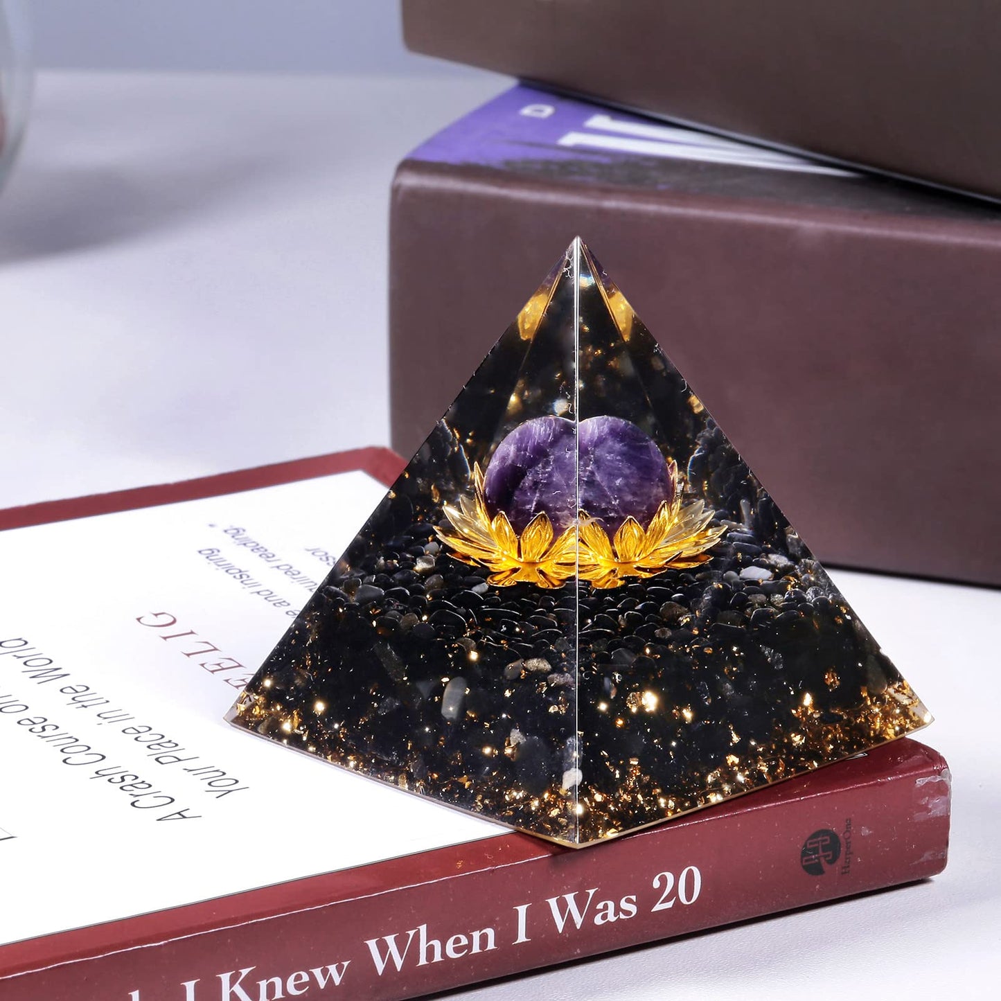 mookaitedecor Amethyst Crystal Sphere Orgone Pyramid with Obsidian Tumbled Stones and Golden Lotus Orgonite Energy Generator for Protection Meditation Home Decor