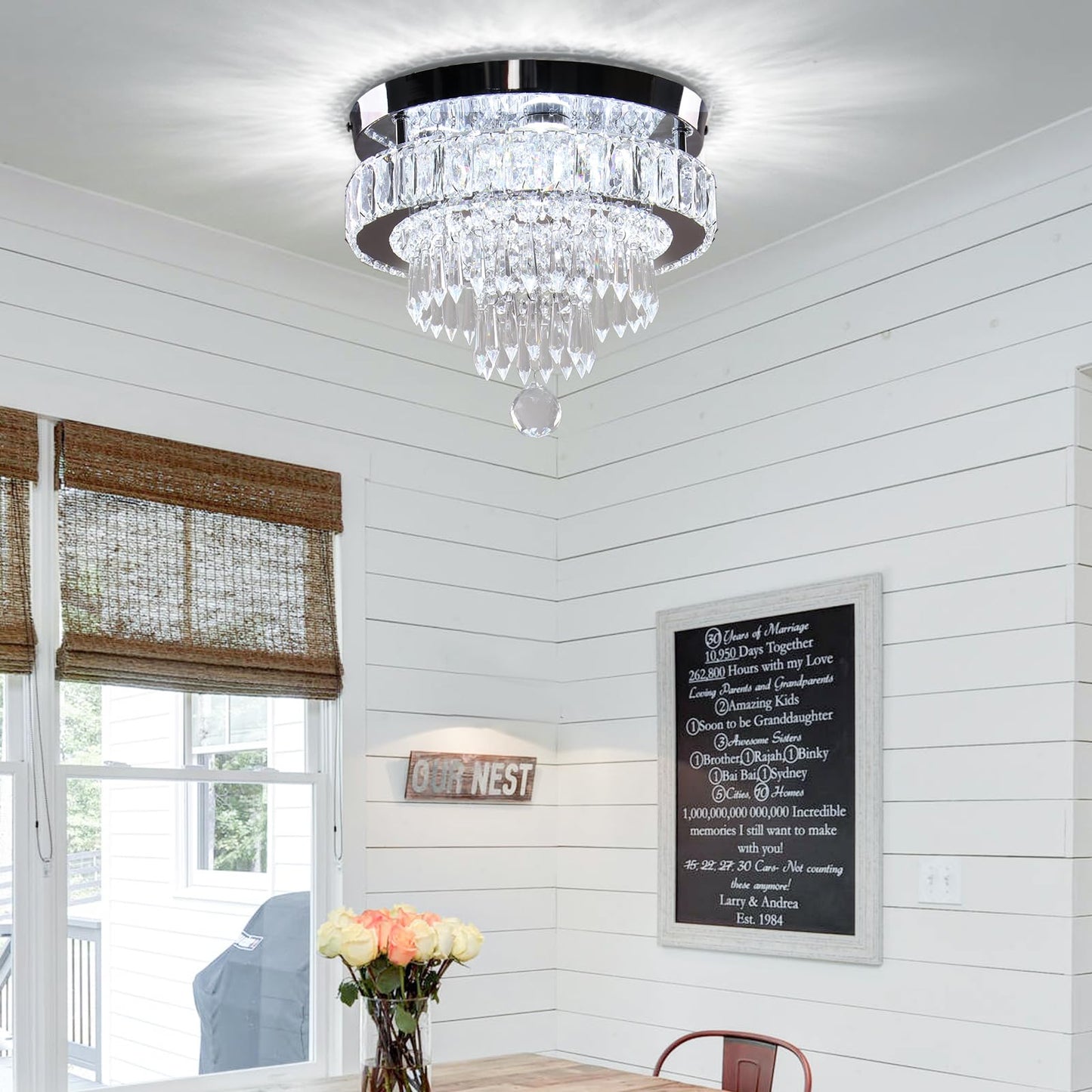 Finktonglan 11.8" Crystal Chandeliers, Morden Crystal Ceiling Light LED Small Chandeliers Semi Flush Mount Chandelier Room Light for Bedrooms Living Room Hallway (6500K White Light)