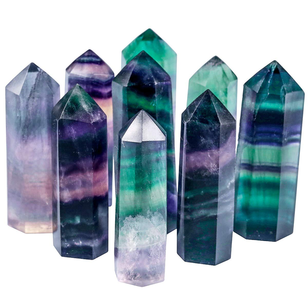 SUNYIK Gemstone Healing Crystal Points Wand, Single Terminated Wand Prism for Meditation, Fluorite Ruby in Fuchsite Rock Quartz Black Obsidian, Pack of 4