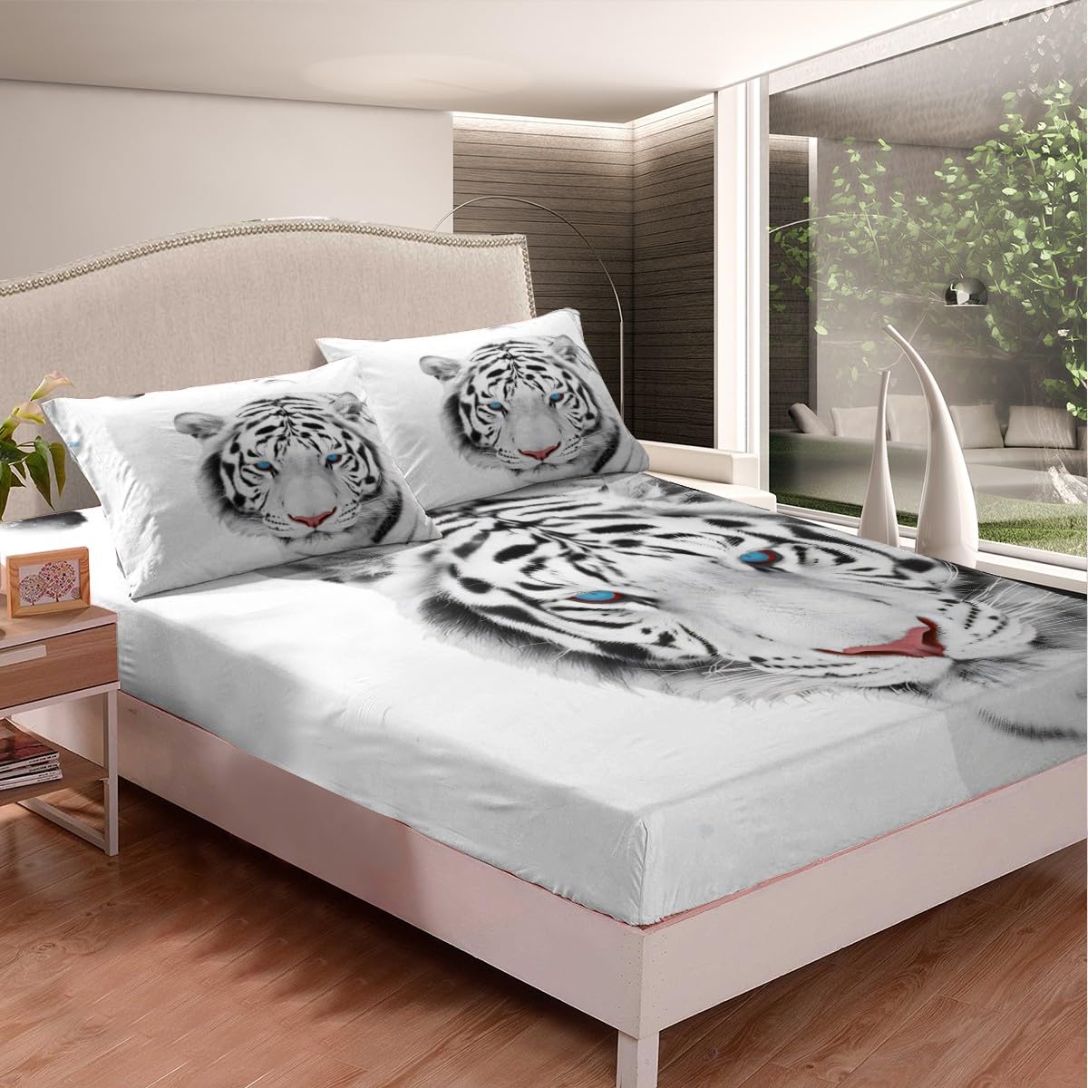 Feelyou Tiger Bedding Set White Tiger Print Bed Sheet Set for Kids Boys Adults 3D Animal Pattern Fitted Sheet Luxury Microfiber Bed Cover,Room Decor 3Pcs Sheets Full Size