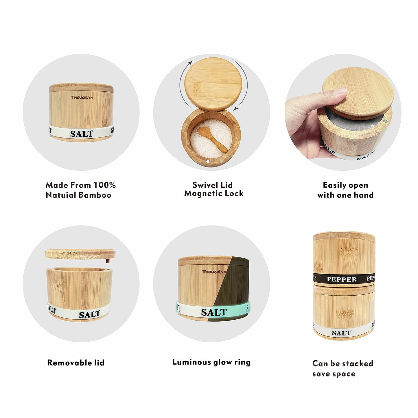 ThougrLyh Salt Box Bamboo Pepper and Salt Container with Swivel Lid and Spoons, Spice Cellar with Mat and Labels, Holder for Seasoning and Small Items, Dual 13 Oz Capacity