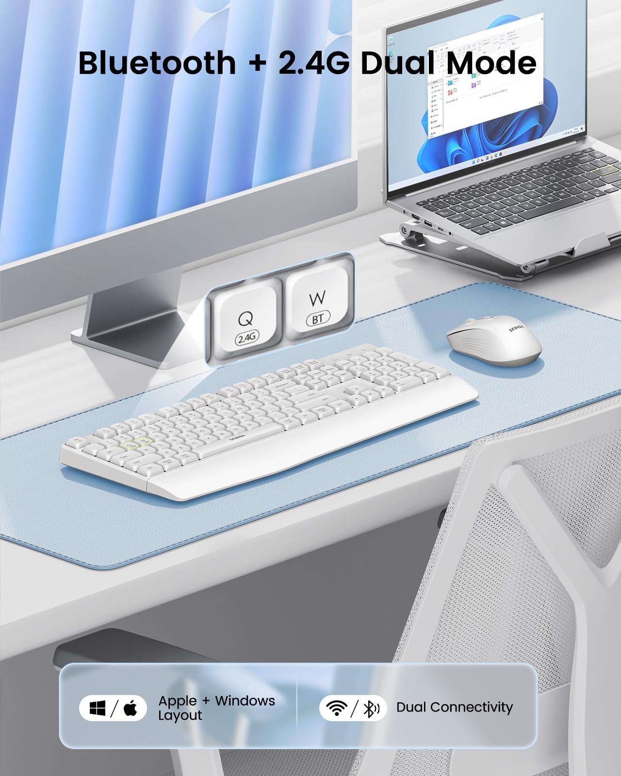 seenda Bluetooth Keyboard and Mouse, COE200 USB + Bluetooth Multi Device, Ergonomic Keyboard Mouse Set, Full-Size Wireless Combo Compatible for Mac OS/Windows PCs Computers Laptops MacBooks - Black