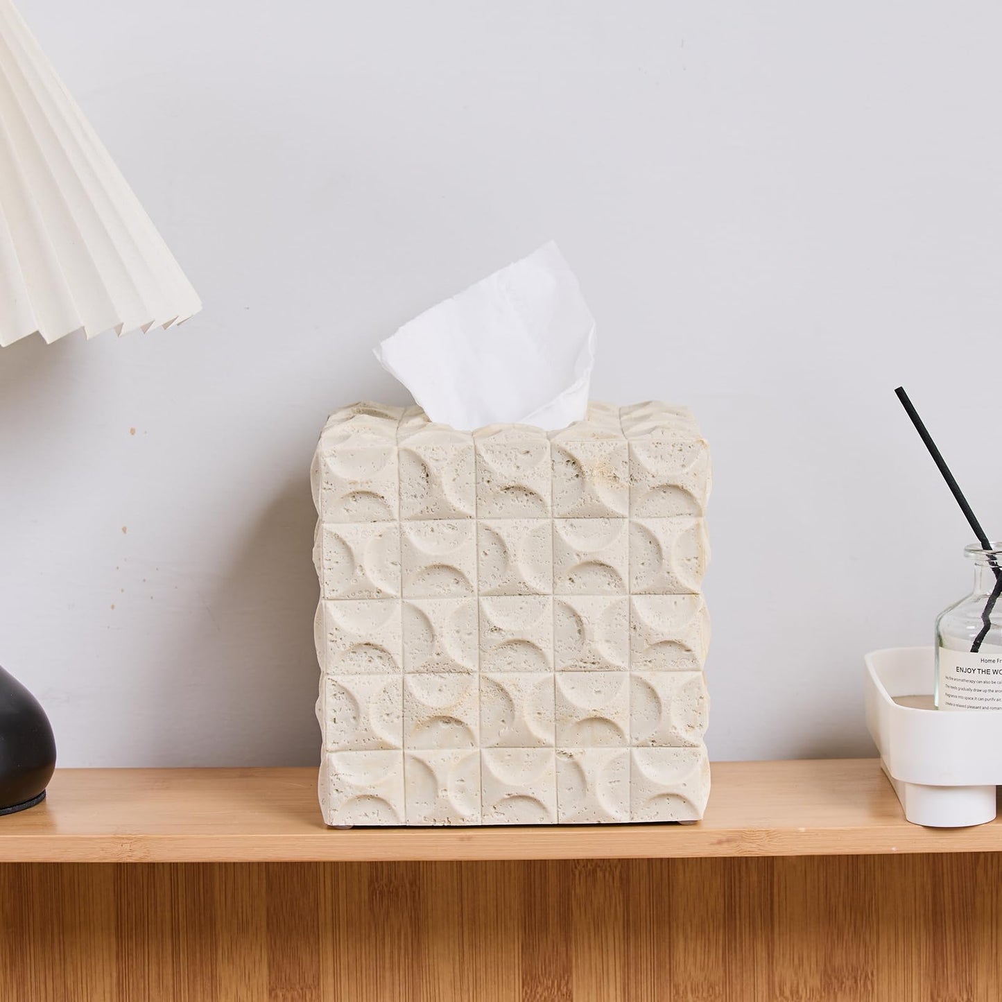 Natural Travertine Textures Tissue Box Cover Square for Home Decor, Relief Sculptured Geometric Cube Resin Heavy Tissue Box Holder for Bathroom Countertop, Tabletop, Night Stand, Office Desk (Beige)