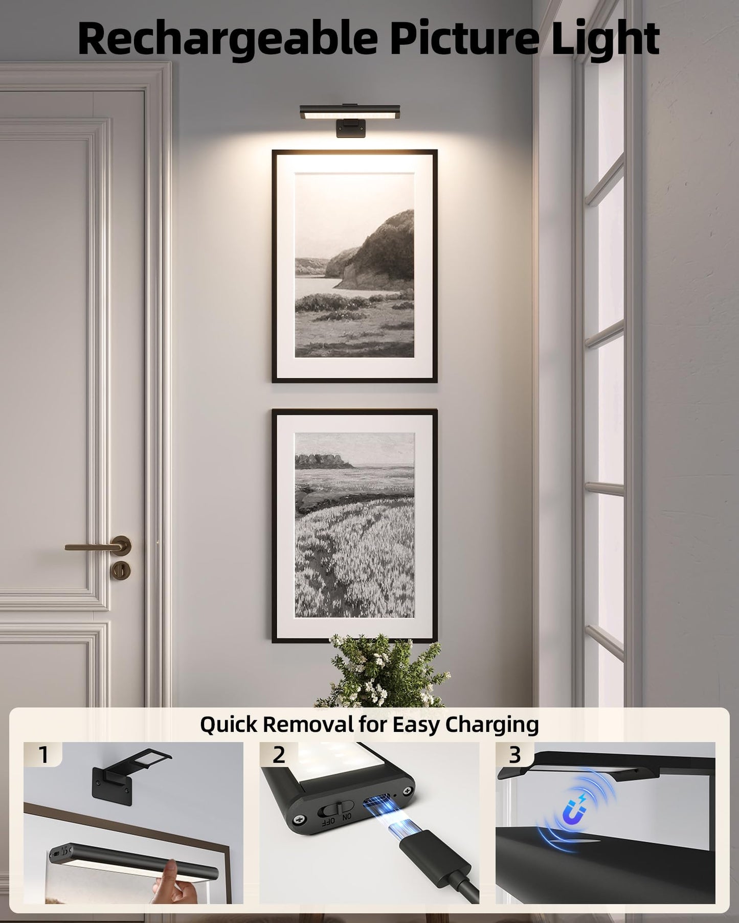 EZVALO Picture Light for Wall, Rechargeable 2400mAh Battery Lights Wireless with IR Remote, 3 Color & Dimmable Magnetic 7.8'' LED Lights Display for Painting, Living Room, Gallery, Bedroom(Black-3P)