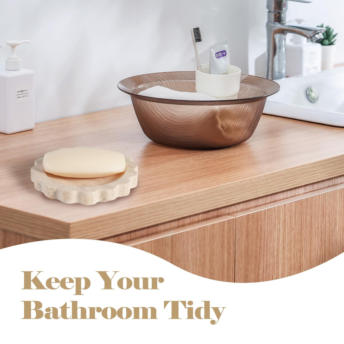 Koville 5.51" Travertine Tray, Natural Stone Trinket Dish for Ring Perfume, Round Scalloped Decorative Tray for Bathroom Vanity Dresser Countertop, Home Table Decor