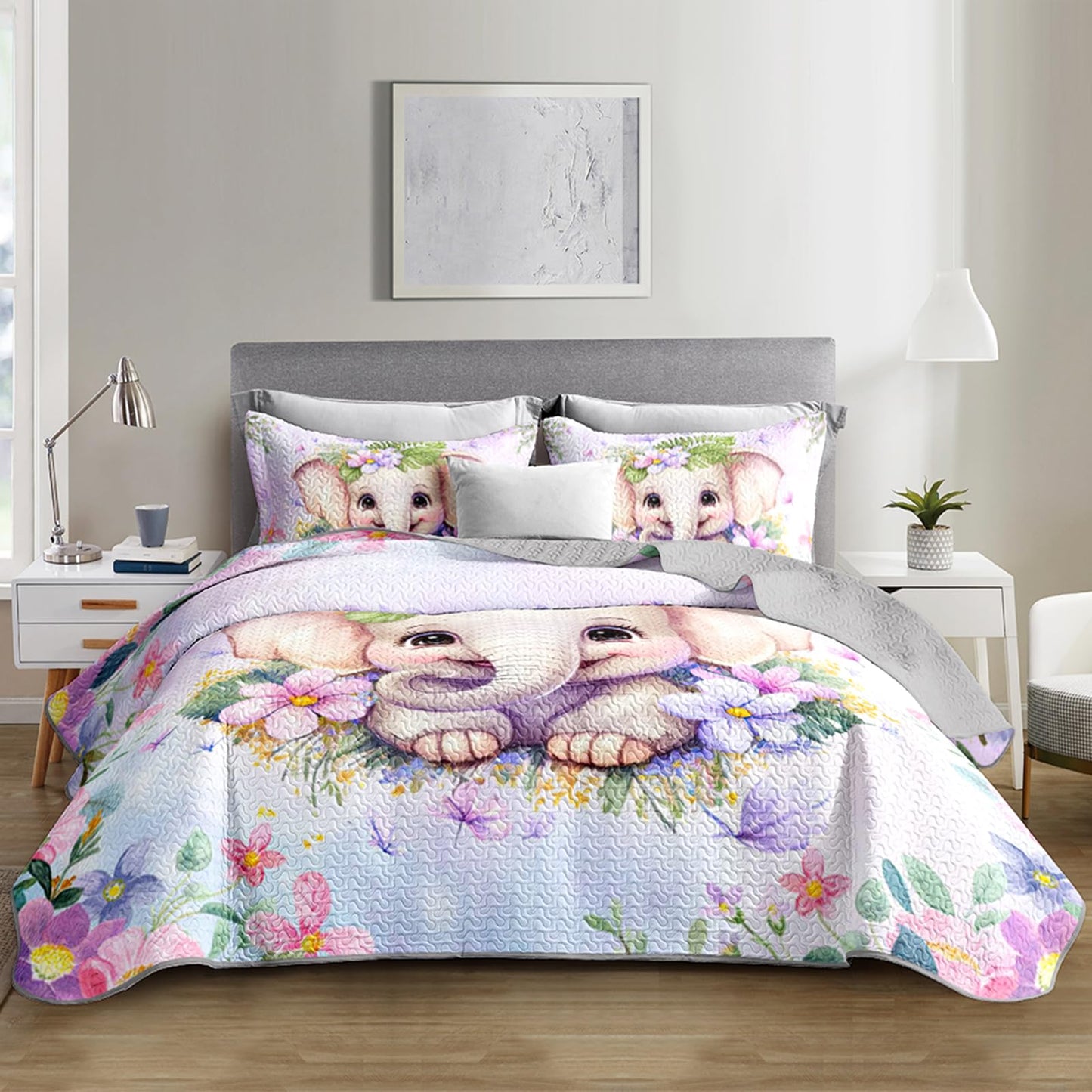 XYNHML Elephant Flowers Quilts Bedding Twin 3Pcs Wild Animals Pink Purple Kawaii Butterfly Quilt Bed Set Lightweight Soft Bedspreads Coverlet with 2 Pillowcases for Kid Boy Girl Teen Adult Bed Decor