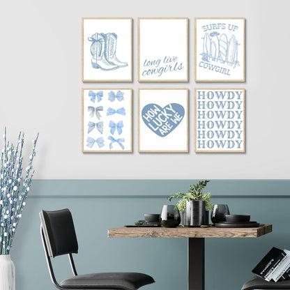 Coastal Cowgirl Wall Art Prints Set of 6 Trendy Blue Bow Boots Surfer Posters Coastal Granddaughter Preppy Aesthetic Wall Decor Pictures for Girly Bedroom Dorm Apartment Decoration Unframed 8x10in