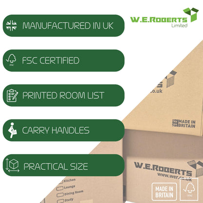10 Strong Large Cardboard Storage Packing Moving House Boxes with Carry Handles and Room List – Ideal for Storage, Moving, and Packing 18" x 11" x 11" internal. Made in the UK