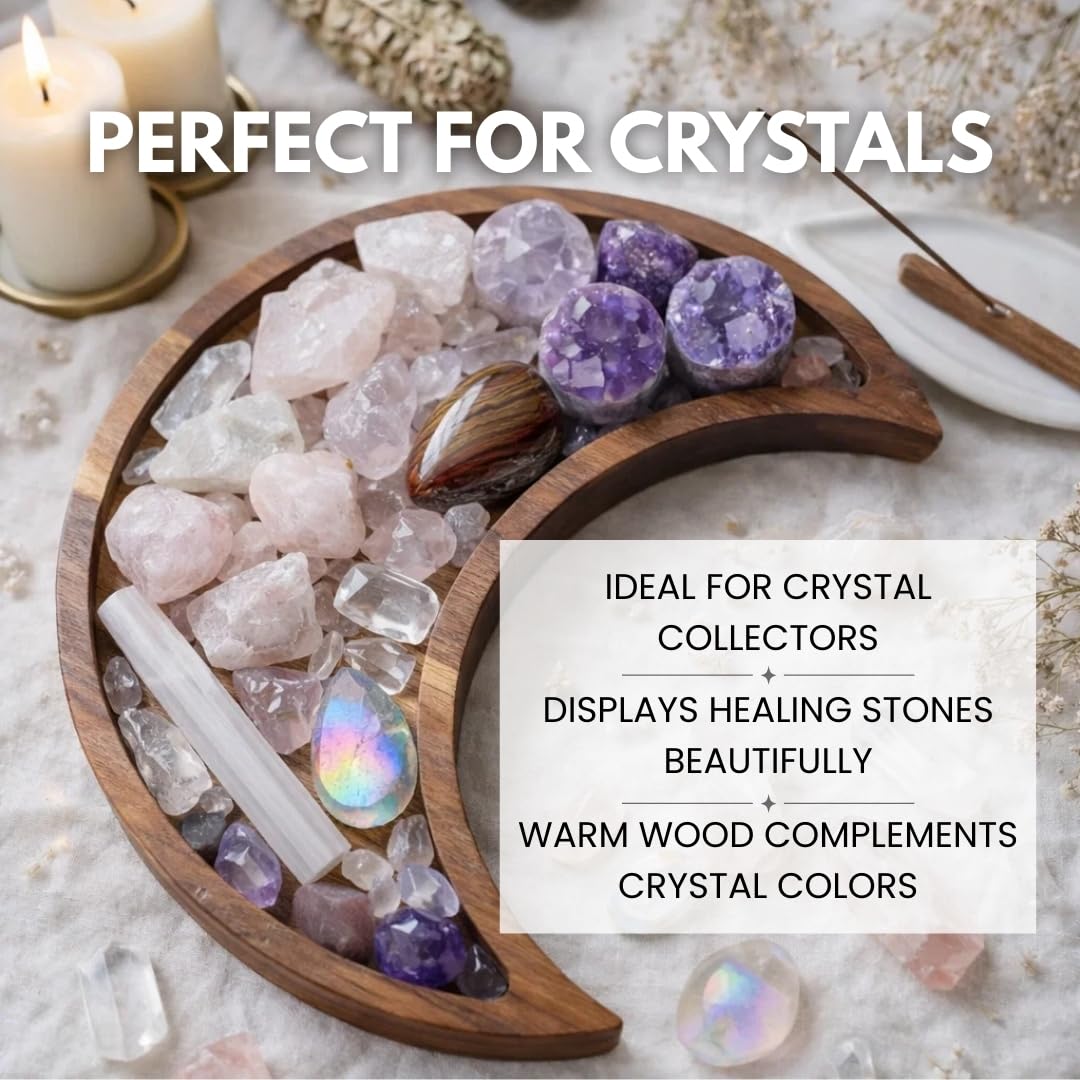 Walnut Moon Crystal Display Tray - Gothic Wooden Altar Tray 9.5" x 4.5" for Crystals and Stones Storage - Solid Wood Jewelry Organizer Dish - Spiritual Decor