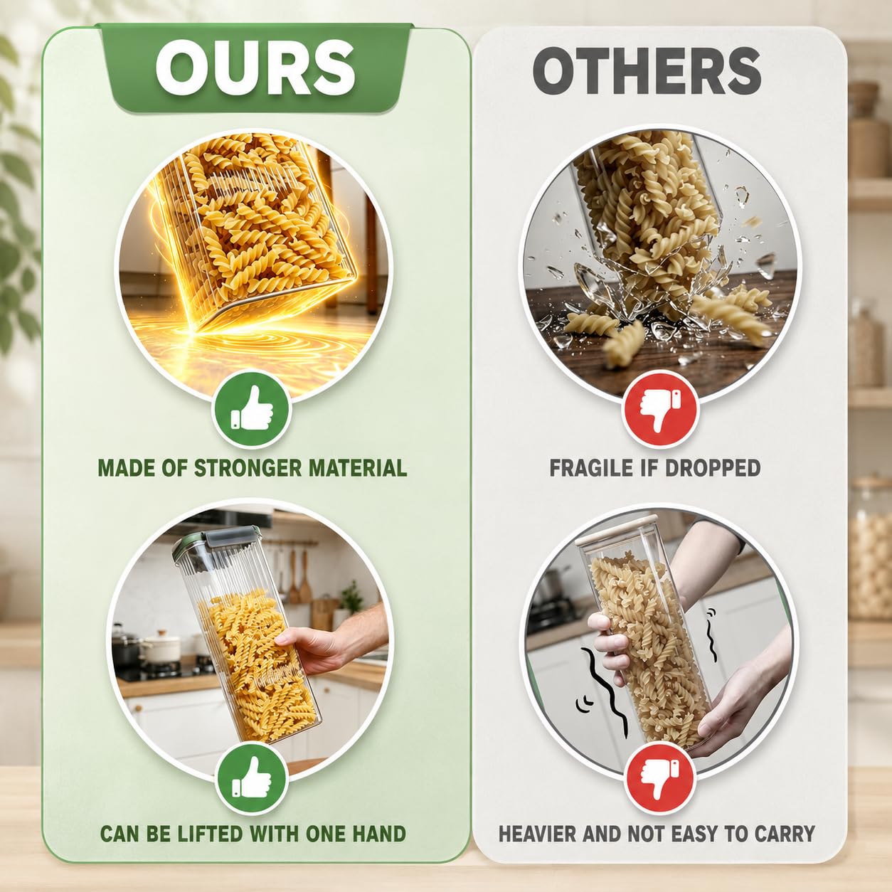 Plastic Pasta Containers, Spaghetti Container Storage, 74oz Set of 3 with Easy-Seal Lid, Pasta Storage Containers, Airtight Square Food Storage Jars for Spaghetti, Pasta, Flour, Oats, Cereal.