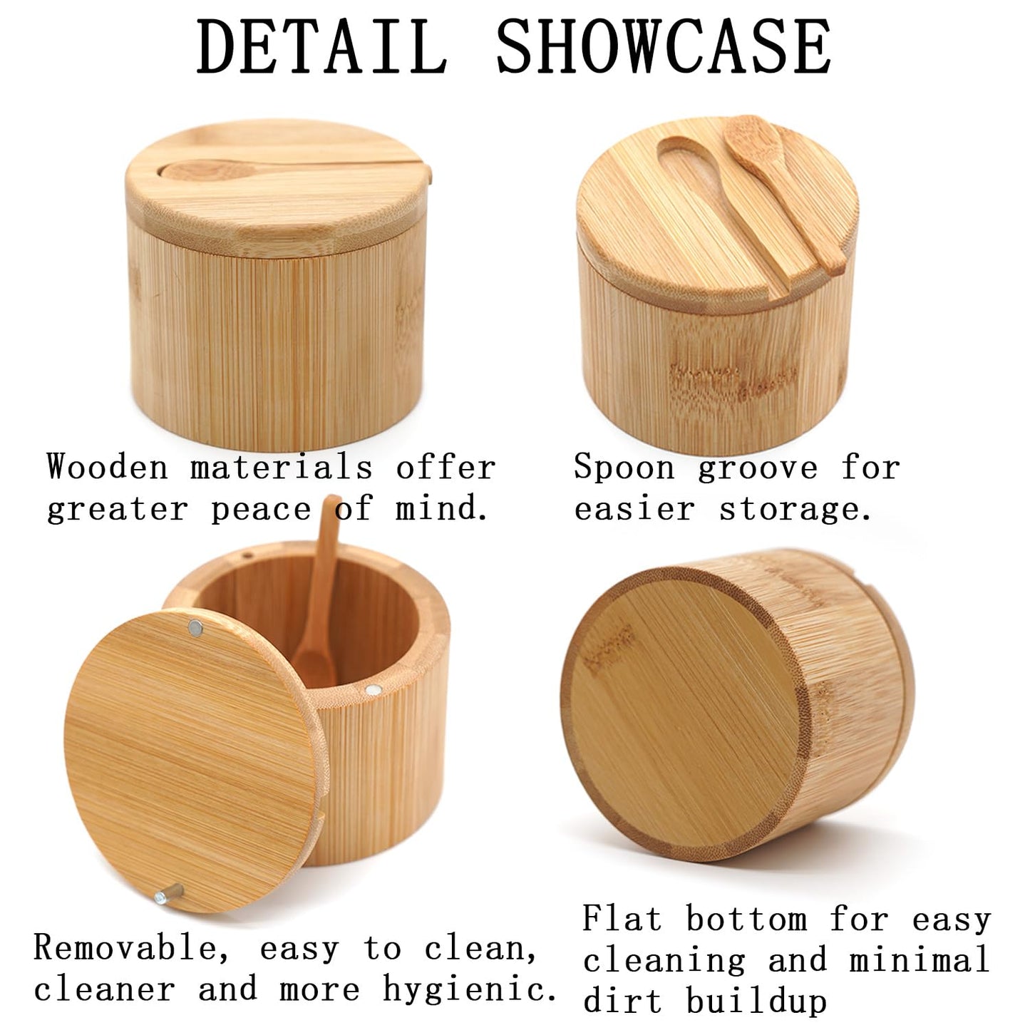 Bamboo Salt Cellar Set of 4 with Magnetic Swivel Lid & Spoon, Salt and Pepper Storage Container, Kitchen Countertop Organizer for Spices, Herbs