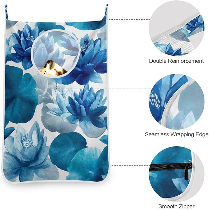 Ink Blue Lotus Flower Hanging Laundry Hamper Door Hampers Bag Basket