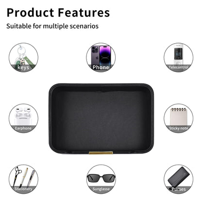RHCSZ Luxury Leather Valet Tray Desktop Storage Organizer,Bedside Vanity Catchall Tray Nightstand Caddy Holder for Cosmetic,Jewelry,Watch,Keys,Phone,Wallet,Remote Controller,Pen,Black