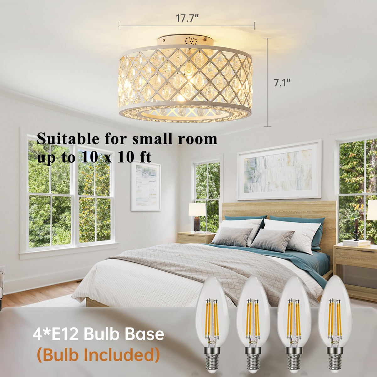 18 Inch Caged Ceiling Fans with Lights, Farmhouse White Crystal Fandelier Ceiling Fan and Remote/APP Control Low Profile Ceiling Fan for Bedroom Living Room Dining Room Kitchen Indoor, Including Bulb