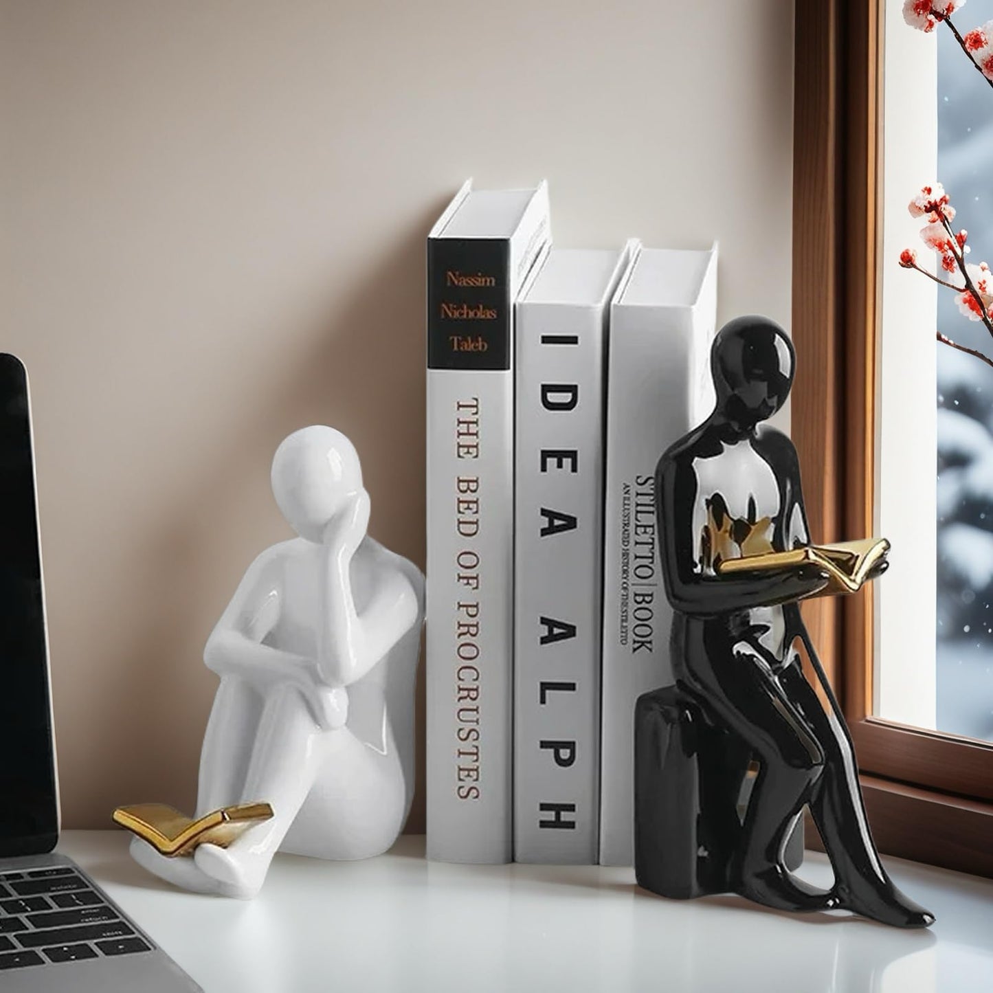 Home Decorative Reading Book Statue Bookends Elegant Resin Bookshelf Room Office Desk Decor,Paper Weights, Book Ends,Bookend Supports, Book Stoppers, Set of 2 (Black and White)