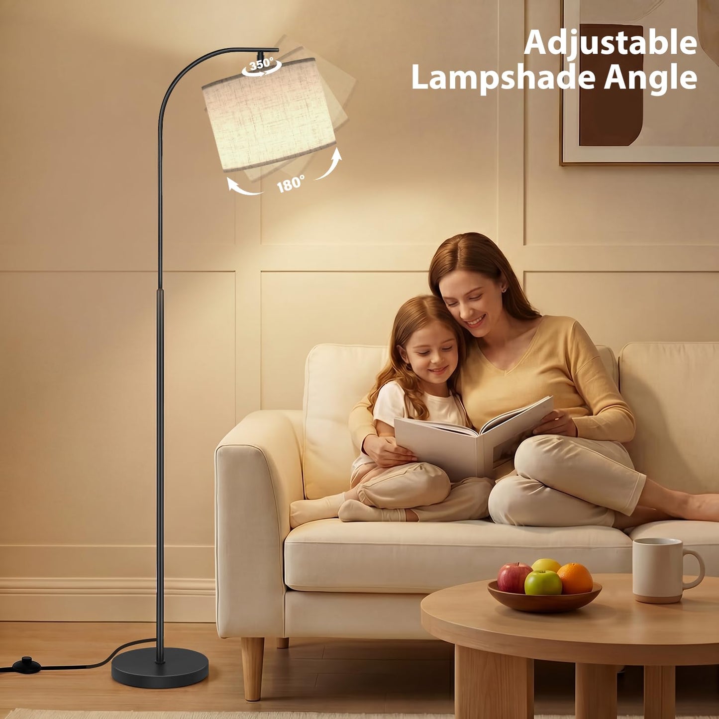 SIBRILLE Floor Lamp with Linen Shade, Arc Dimmable Tall Standing Lamp with Remote Control, Modern Floor Reading Light for Living Room Bedroom Office Corner, 9W LED Bulb Included