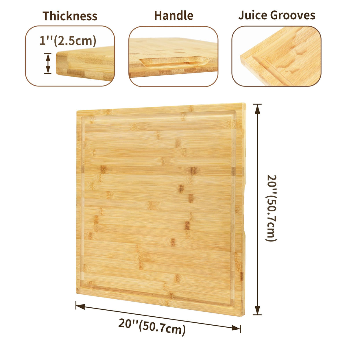 Utoplike Bamboo Cutting Board 20 x 20 inch, Large Wood Chopping Board for Kitchen, Meat, Vegetables, BBQ, Square Butcher Block with Juice Groove and handle, 1"Th