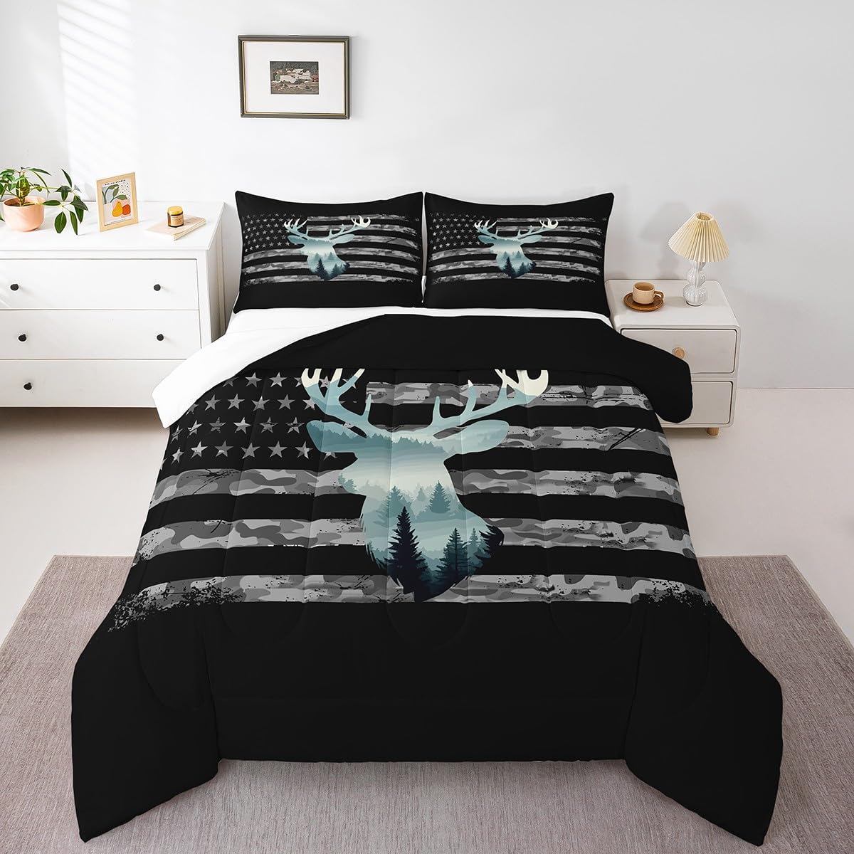 Feelyou Deer Hunting Comforter Set Full, Camo Deer Hunting Bedding Set for Kids Forest Smoky Deer Comforter American Flag Deer Duvet Set with 2 Pillow Case