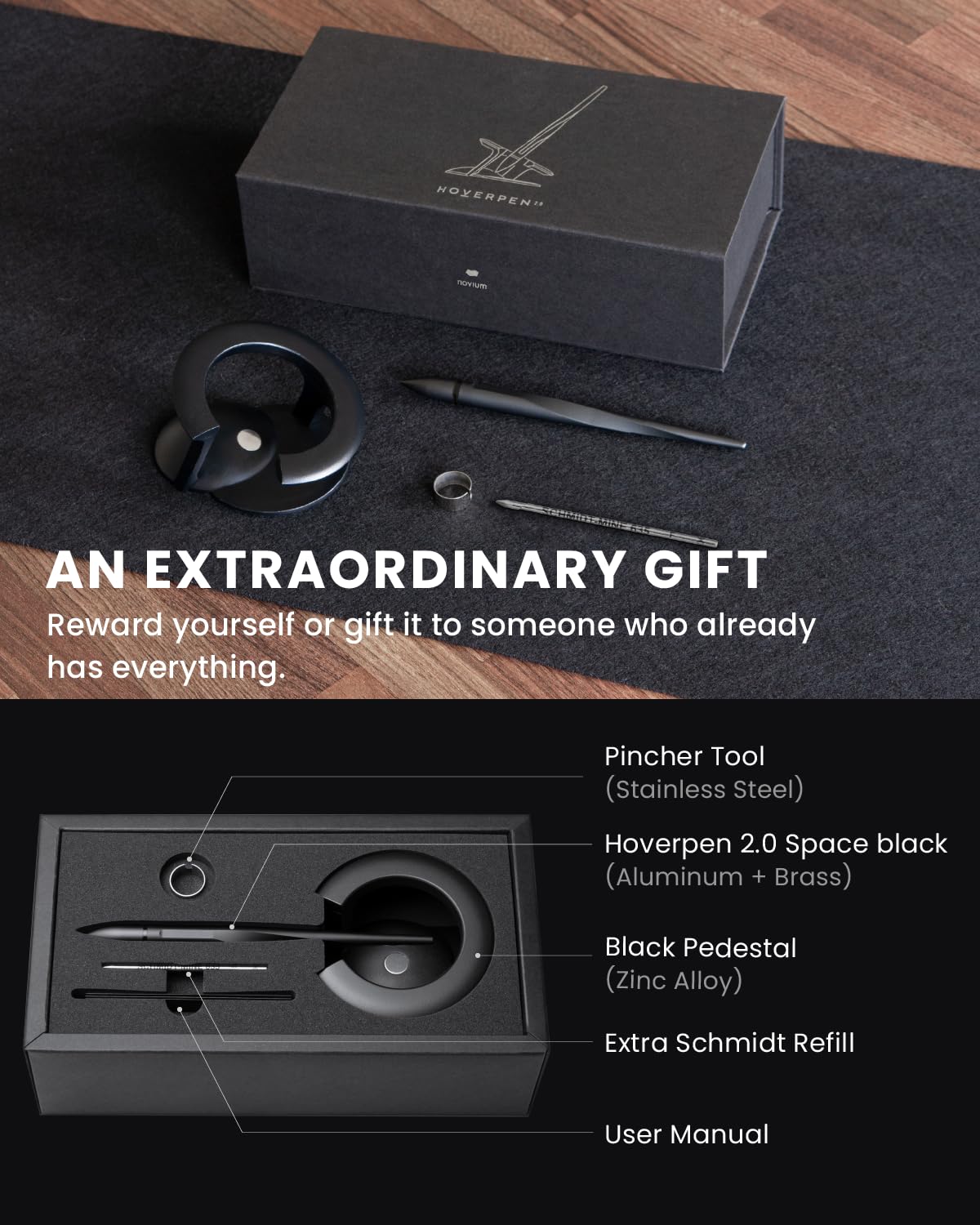 novium Hoverpen Interstellar - Space Black, Ballpoint Pen, Unique Conversational Starter, Premium Futuristic Design, Precision Flow Ink, German-engineered Ballpoint Cartridges