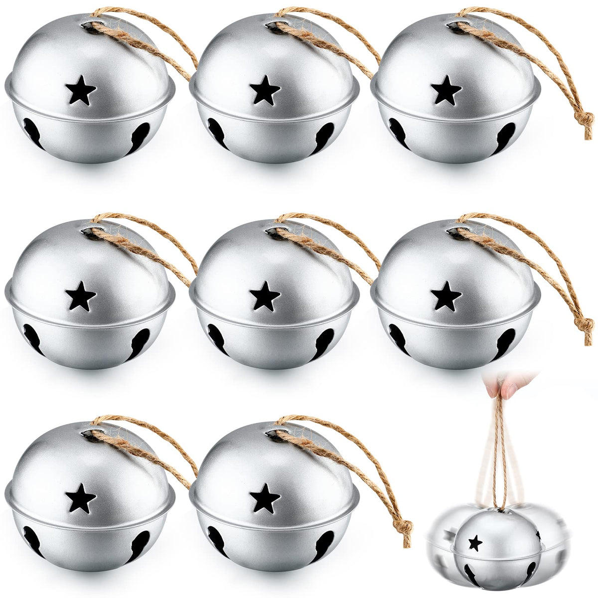 Zhengmy 8 Pcs Jumbo 3.15'' Christmas Star Cutouts Bells for Craft Large Bells Xmas Ornament Christmas Tree Decor (Silver)