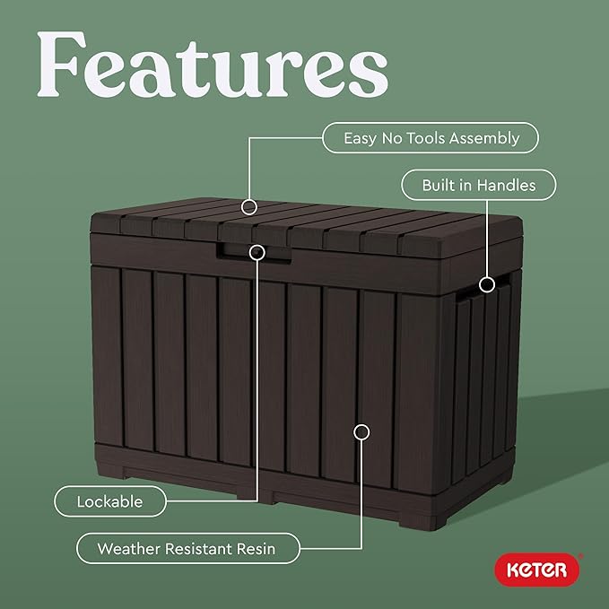 Keter Kentwood 50 Gallon Resin Deck Box for Outdoor Storage – Weather‑Resistant Balcony & Patio Box for Cushions, Throw Pillows & Garden Tools, Brown