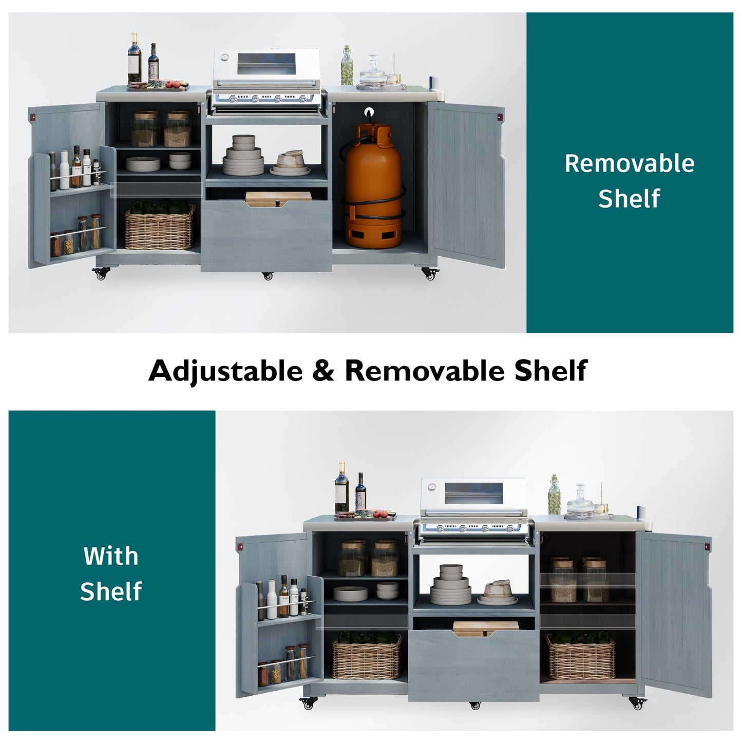 Merax Outdoor Kitchen Island for Big Green Egg, 66.5" Grill Cart with Stainless Steel Top, Storage Cabinet, Wheels, Solid Wood Grill Table, Kamado Joe Compatible