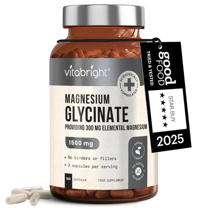 VitaBright Magnesium Glycinate | 180 Capsules | 2 A Day | 1500mg Mag Bisglycinate | 300mg Elemental Mag | High Strength Magnesium Supplements for Women - Men - Adults