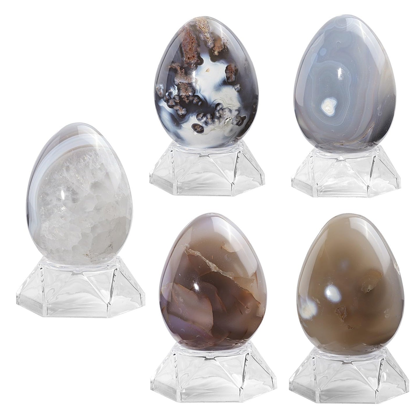 mookaitedecor Natural Orca Agate Crystal Egg Decor, Polished Geode Stone Egg with Acrylic Stand for Easter Home Tabletop Display, 60-75 mm High, 201-300g