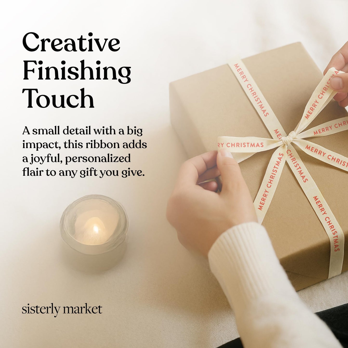 Sisterly Market - Custom Herringbone Cotton Ribbon, Natural 5/8 Inch Gift Ribbon with Merry Christmas Printed Phrase, 10 Yards