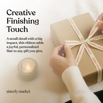 Sisterly Market - Custom Herringbone Cotton Ribbon, Natural 5/8 Inch Gift Ribbon with Merry Christmas Printed Phrase, 10 Yards