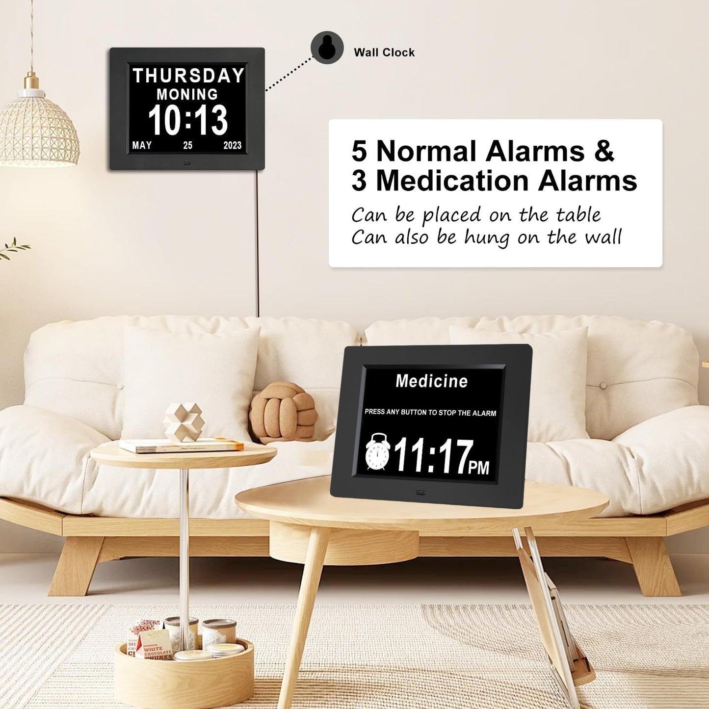 Johnziny 8 Inch Digital Calendar Day Clocks for Seniors-8 Alarms, Auto-Dim, Digital Clock Large Display Date and Day,Dementia Clocks for Seniors,Electronic Calendar with Large Number Black