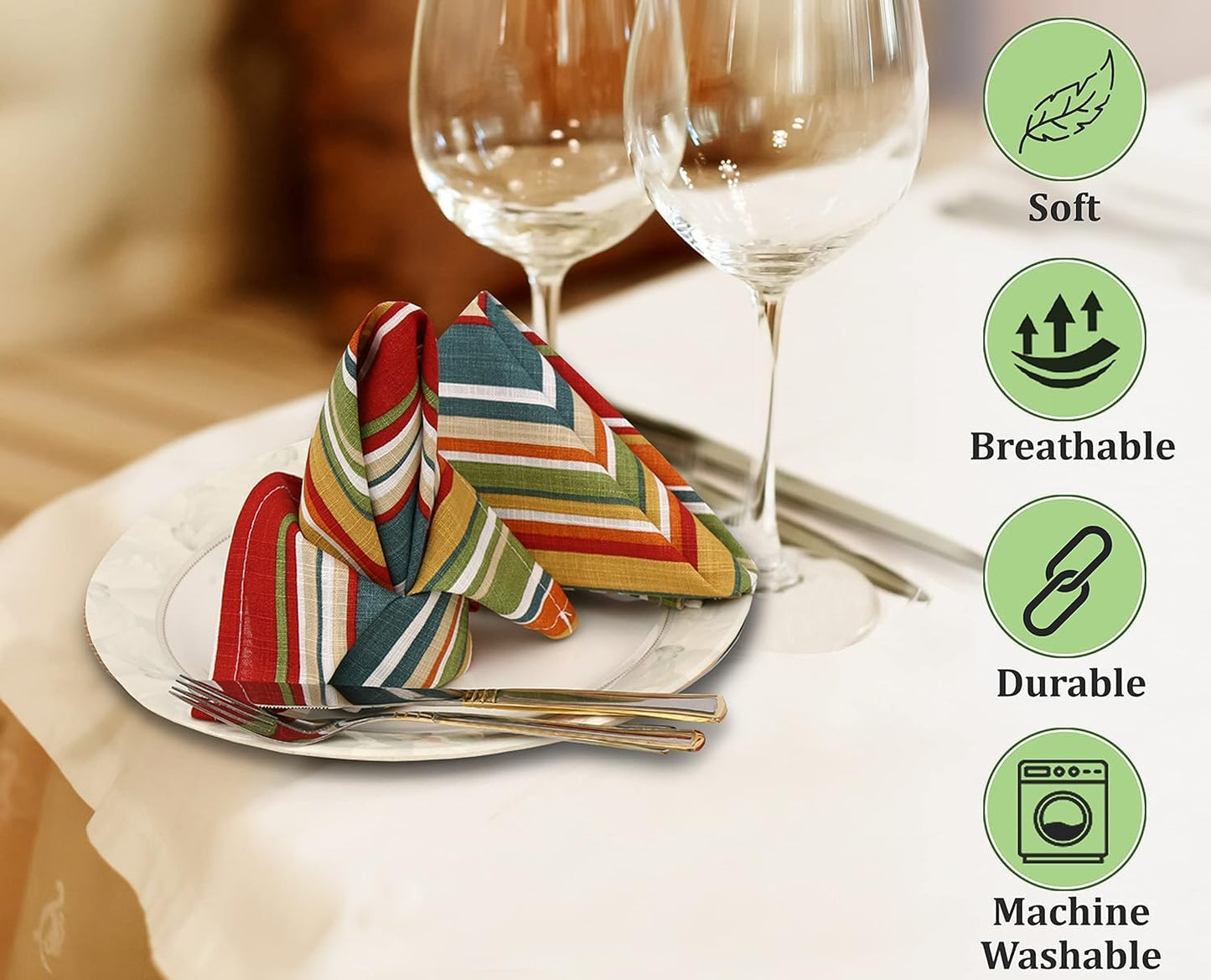 RUVANTI Set of 6 100% Cotton Fabric Napkins - 20" x 20" - Washable, Soft & Absorbent for Fall, Halloween, Thanksgiving, Wedding, Dinner - Salsa Stripes