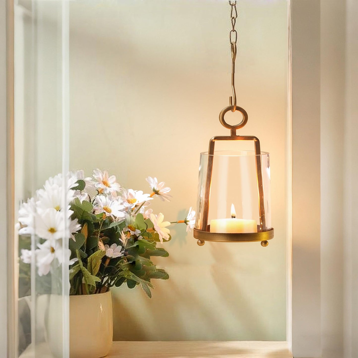 Twakutwaku 3.3" Wide Modern Farmhouse Metal Hurricane Candle Holder with Handmade Sturdy Glass Sleeve in Antique Brass for Pillar Candle & Plants, Glass Hurricane Lantern, Industrial, Minimalistic