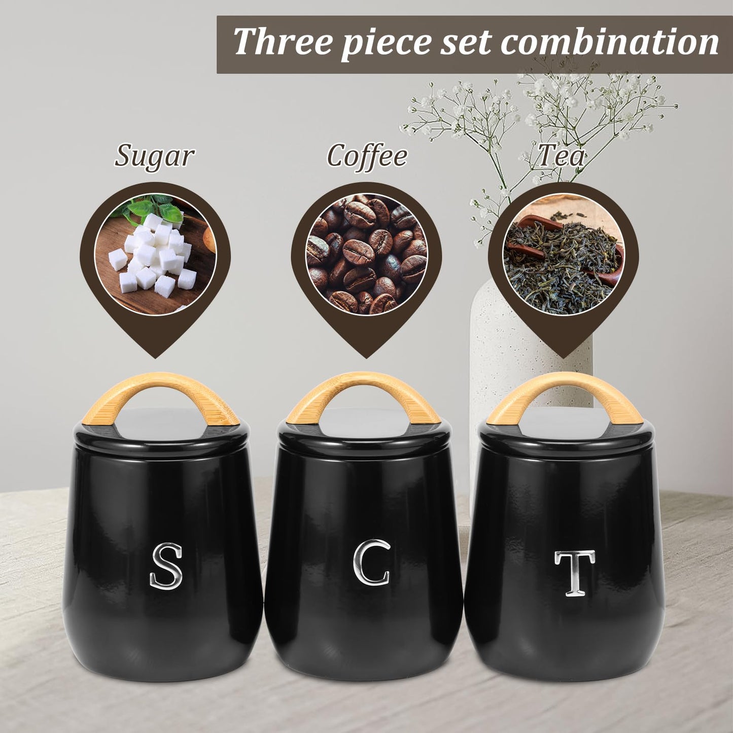 3Pcs Canisters Sets for Kitchen Countertop - Sugar and Coffee Container Set, Metal Moisture Proof Sealed Jar with Label, Kitchen Canisters for Coffee Beans, Tea, Sugar, Salt, Flour, Spices (Black)