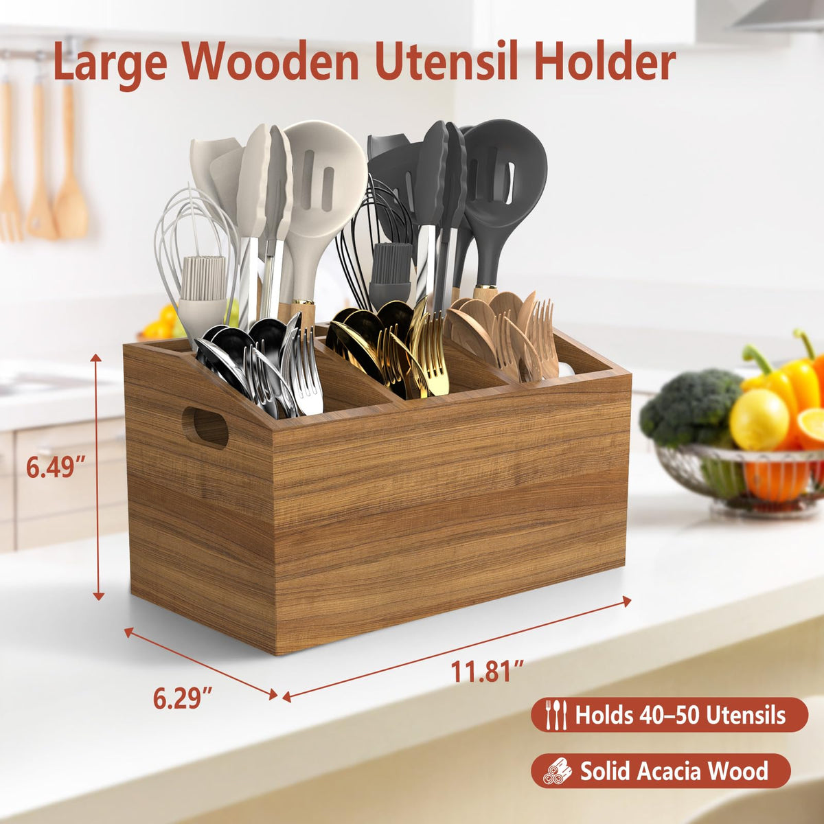 COAZEX Wooden Kitchen Utensil Holder for Countertop or Wall, Extra Large Acacia Wood Utensil Holder Organizer with 5 Compartments, Rustic Utensil Caddy for Cooking Tools & Silverware