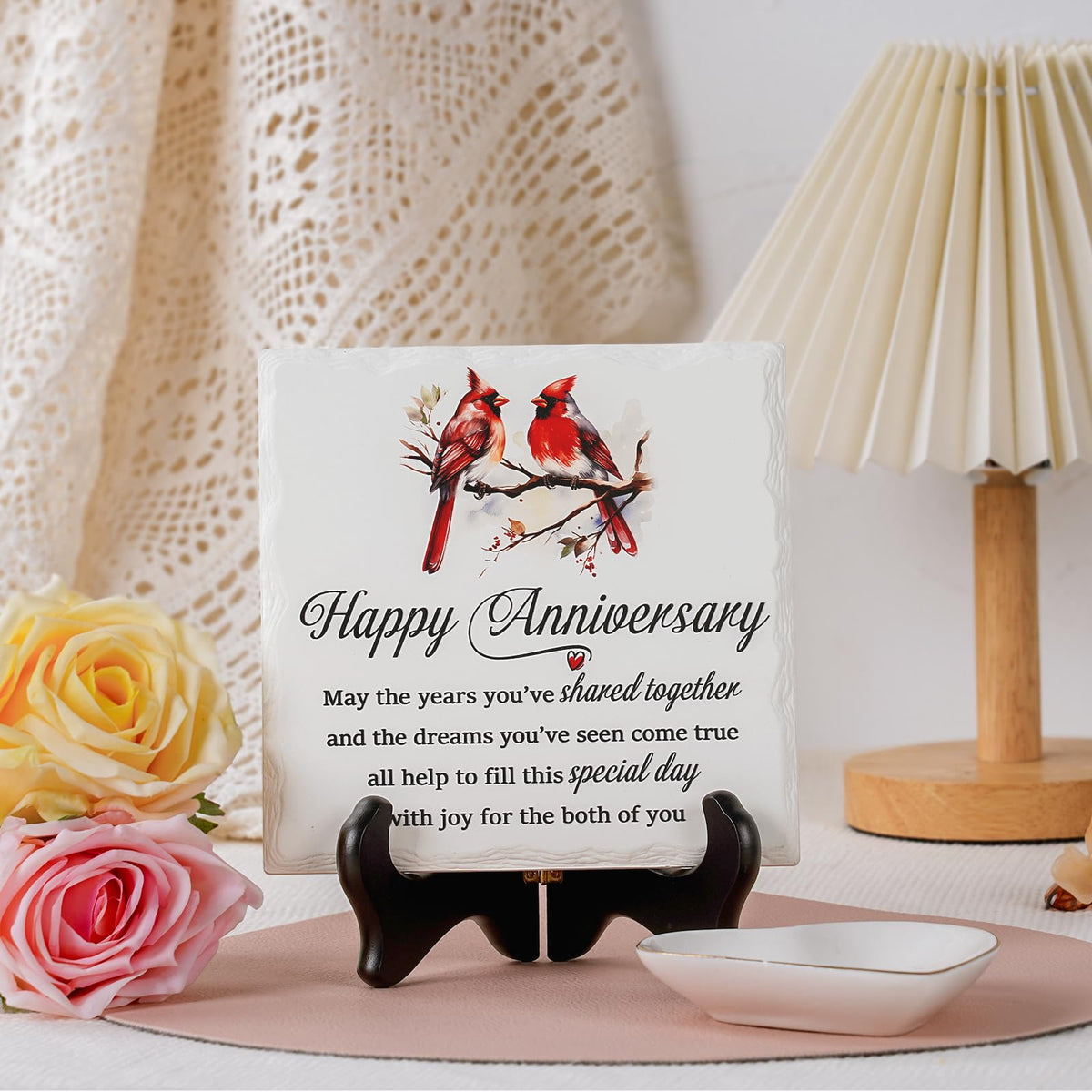 LukieJac Anniversary Couples Gifts - Cardinal Ceramic Plaque - Happy Anniversary Presents for Couples - Romantic Wedding Celebrate Keepsake Desk Decorations Christmas Gift