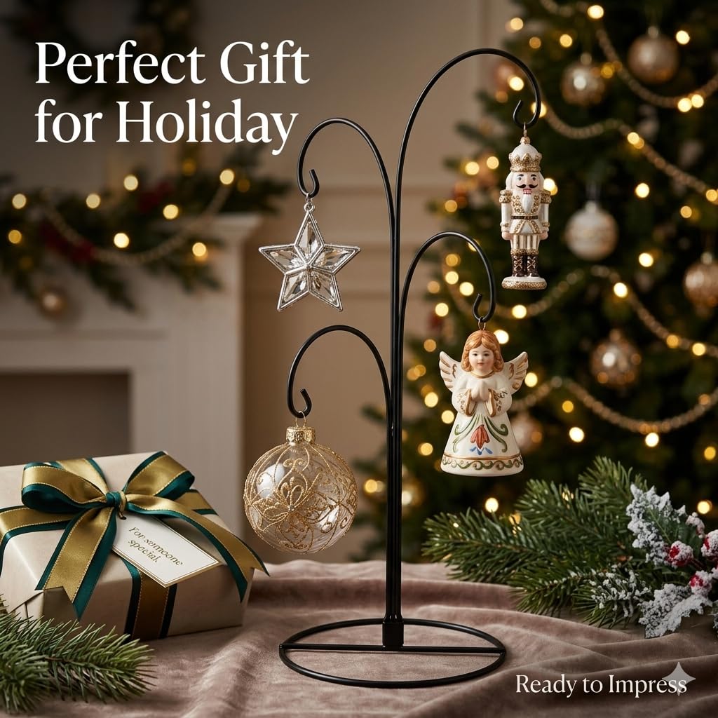 HOHIYA Ornament Display Stand 12 Inch 2 Pack 4-Arm Metal Ornament Holder for Christmas Decorations Crystal Ball Hanging Ornaments Jewelry Display Stand Black