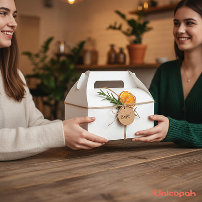 UnicoPak 30 Pack 9x6x6 Gable Boxes, Large White Treat Boxes with Handles, Cardboard Gift Boxes for Party Favors, Lunch, Bakery, Cookies, Picnic, To-Go Food, DIY Gift Packaging