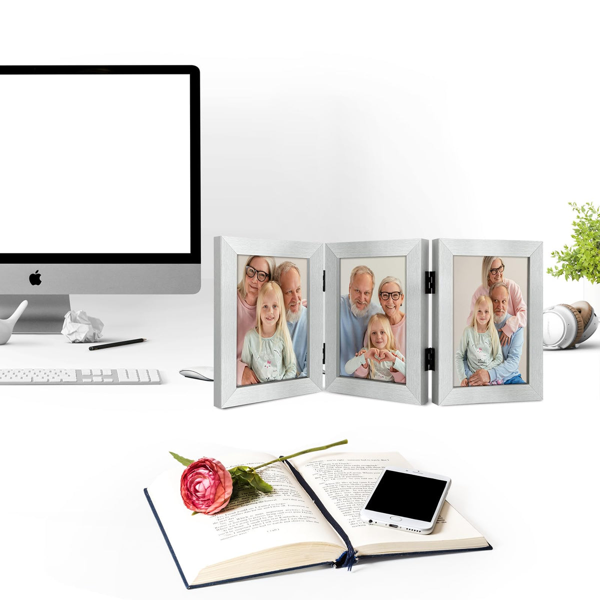 Frametory, 5x7 Triple Picture Frames 3 Photo Frames Collage - Real Glass - Engineered Wood Triple Folding Frame - Tabletop Vertical Display (Silver, 1 Pack)