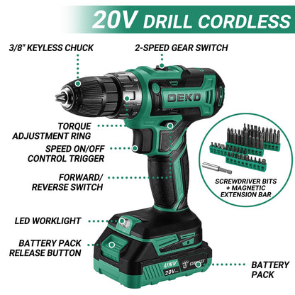Green Drill Tool Kit Set: 20V Cordless Power Drill Tool Box with Battery Electric Drill Driver for Men Home Hand Repair Basic Toolbox Tools Sets Drills Case