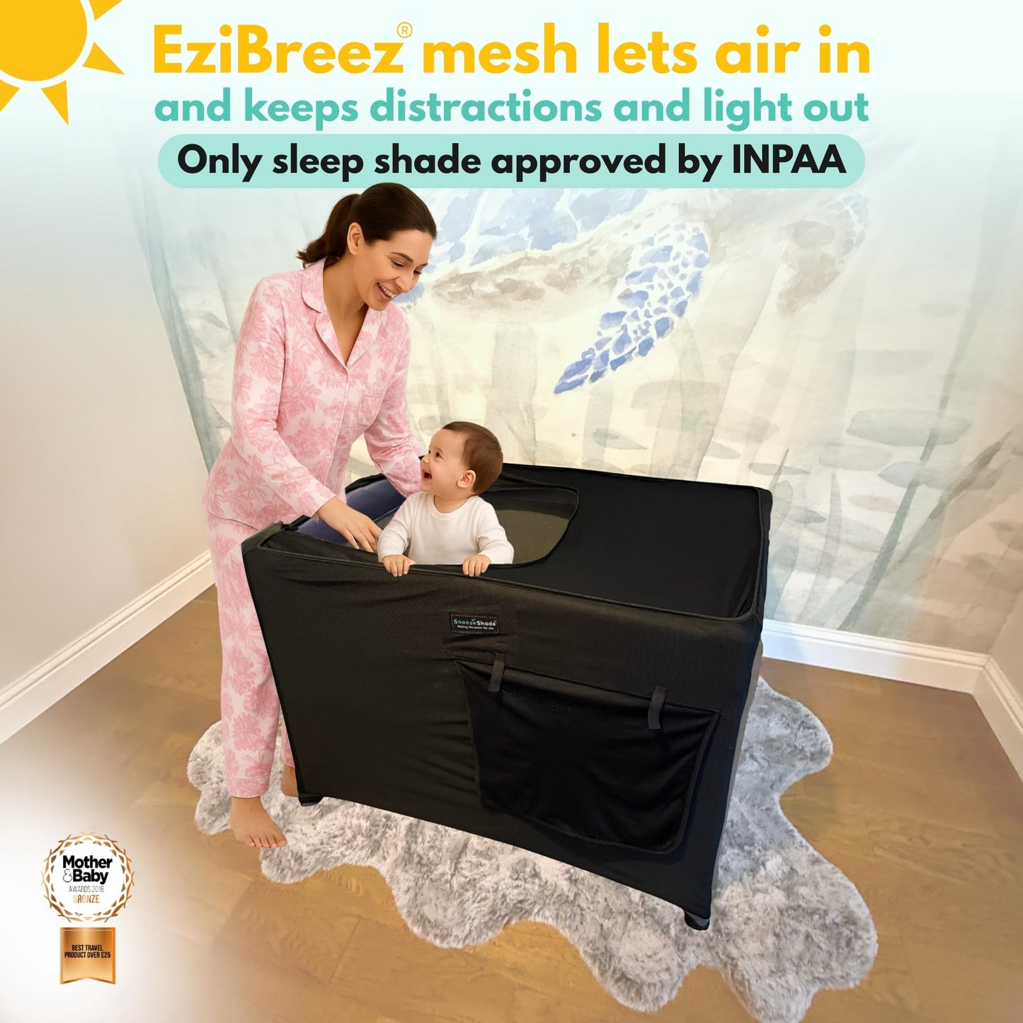 SnoozeShade Travel Cot Blackout Cover and Sleep Canopy Breathable Baby Mesh Blocks 94% of Light, Universal Fit for Holiday Cribs Nursery Mosquito Protection and Naps Away from Home