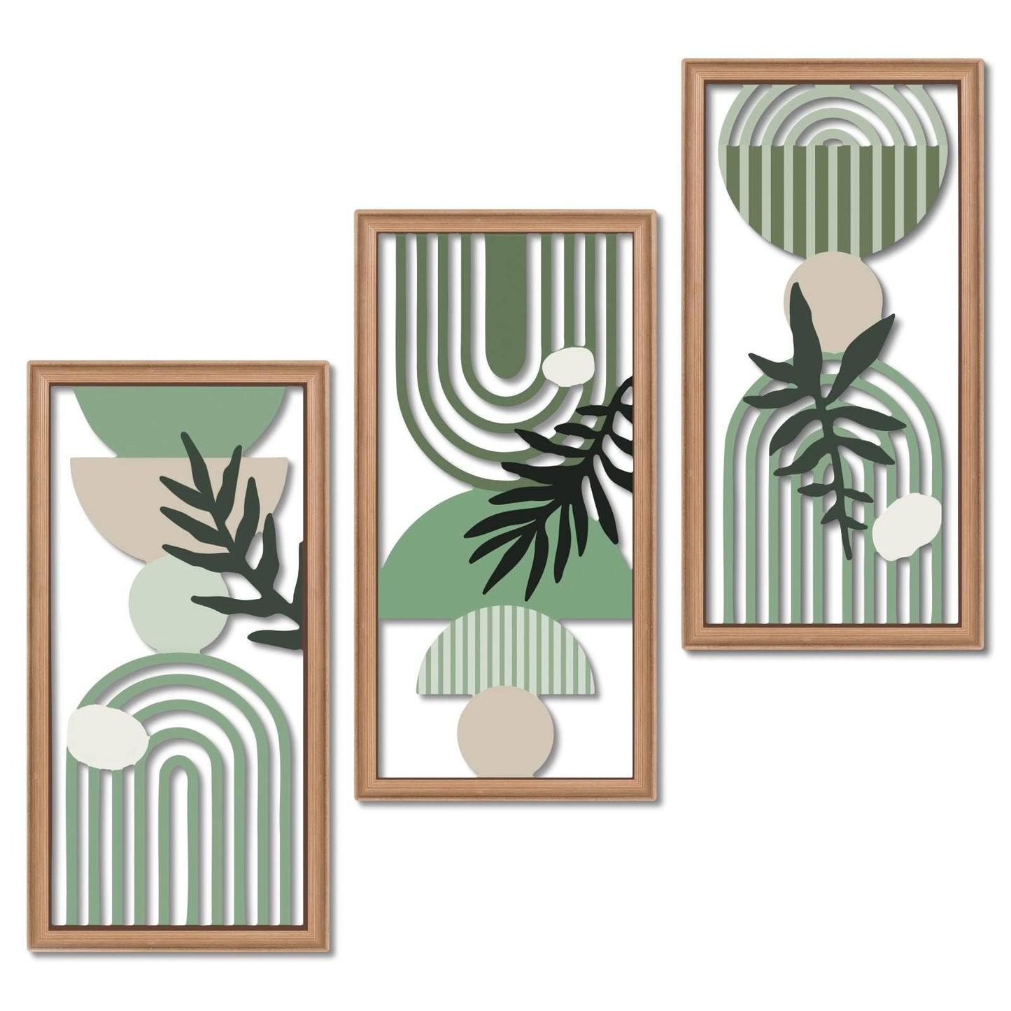 Putuo Decor Boho Wall Art Set of 3, Green Botanical Wooden Wall Decor, Abstract Aesthetic Room Decorations, Mid-Century Modern Artwork for Living Room, Bedroom, Office Green 16.5 x 8.6 inch