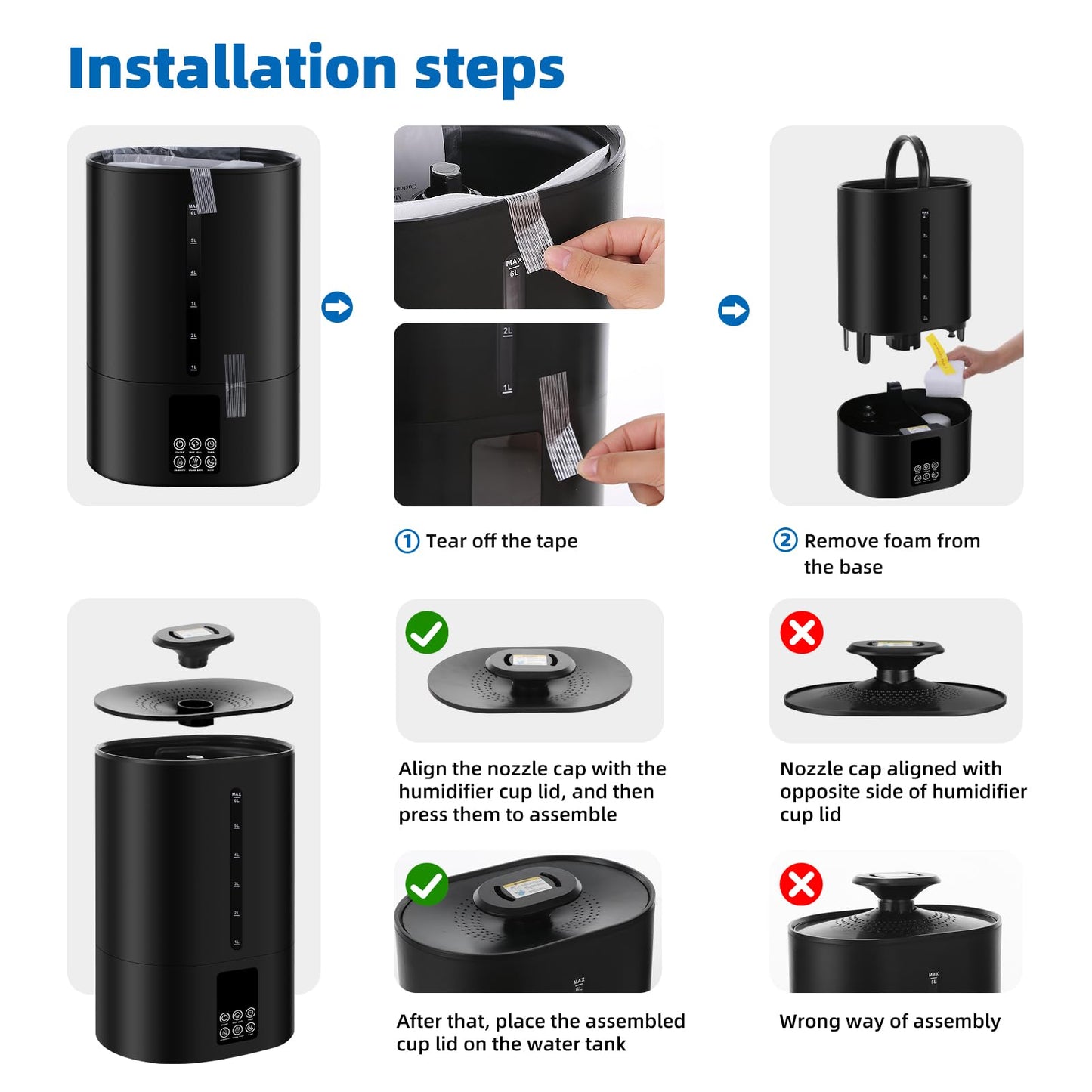 6L Humidifiers for Bedroom Large Room Home, Cool and Warm Humidifier for Plants Mist Top Fill Desk Humidifier Essential Oil Diffuser, Quiet Humidifiers with Adjustable Mist,360°Nozzle-Midnight Black